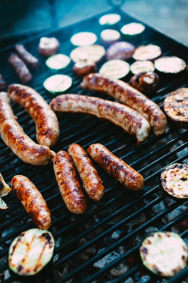 Different Bratwursts on a grill