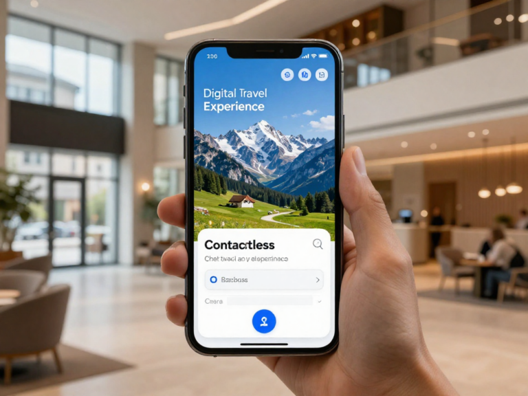 tourist using smartphone with AI technology for seamless check-in and personalized recommendations in modern hotel lobby