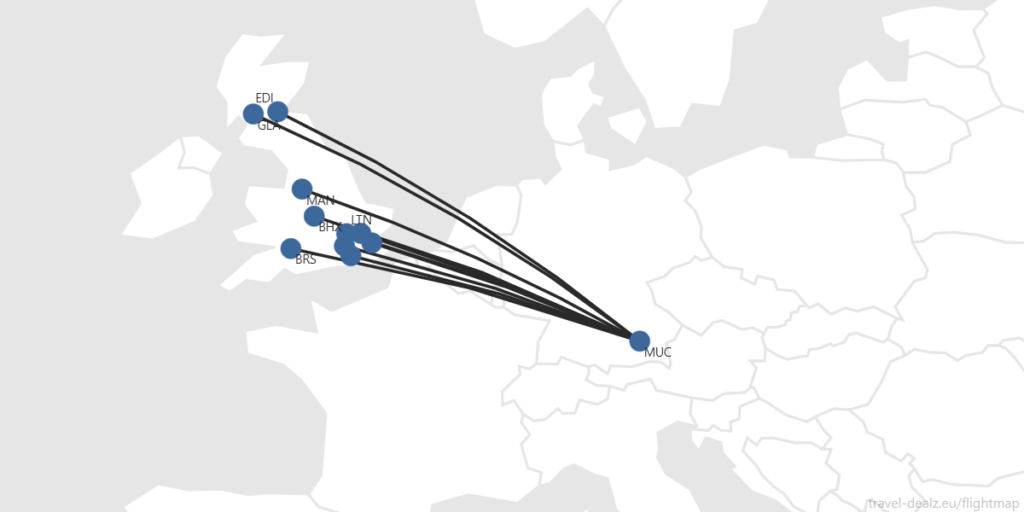 flightmap with all flights from the UK to Munich