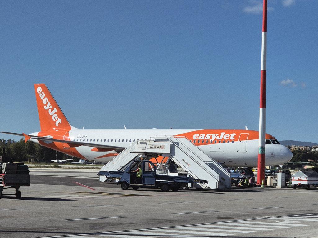 parked easyjet plane at an airport
